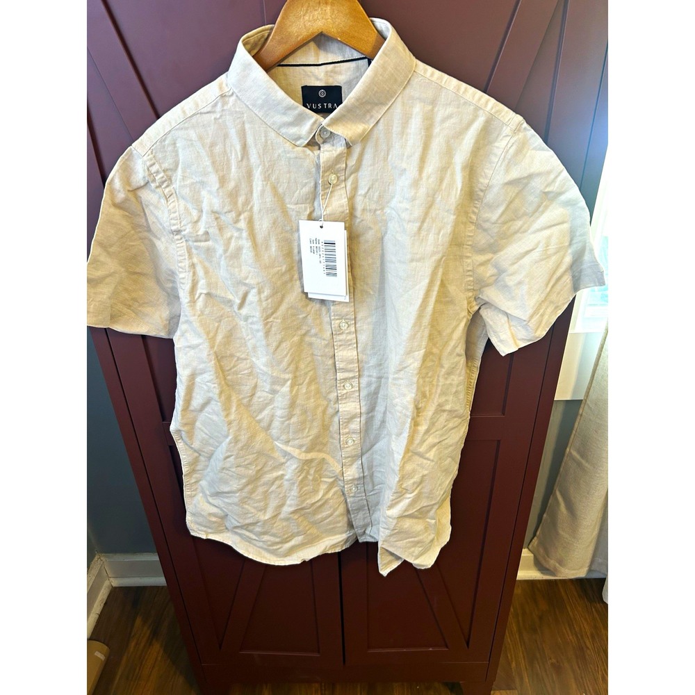 Vustra Mens XL Beige Linen Cotton Short Sleeve Button Up Shirt NWT